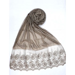 Designer Cotton Women's Stole with flower print - Dark Brown